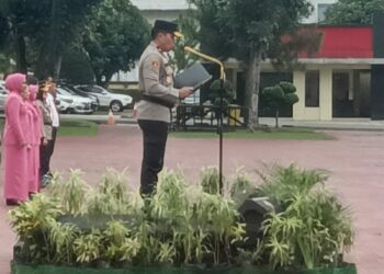 BACAKAN AMANAT: Wakapolda Sumut, Brigjen Pol Rony Samtana, S.I.K., M.T.C.P., membacakan amanat Menteri Pemberdayaan Perempuan dan Perlindungan Anak pads upacara memperingati Hari Ibu ke-96, Minggu (22/12/2024) di Lapangan KS Tubun Mapolda Sumut. (Foto Dok/ Polda Sumut)