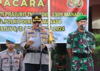Kapolresta Manado Kombes Pol Julianto P. Sirait bersama Dandim 1309 Manado Letkol Arh Yosip Brozti Dadi memimpin upacara pelepasan purna bakti prajurit TNI Kodim 1309 dan personel Polri Polresta Manado periode 1 Agustus hingga 1 Desember 2024.