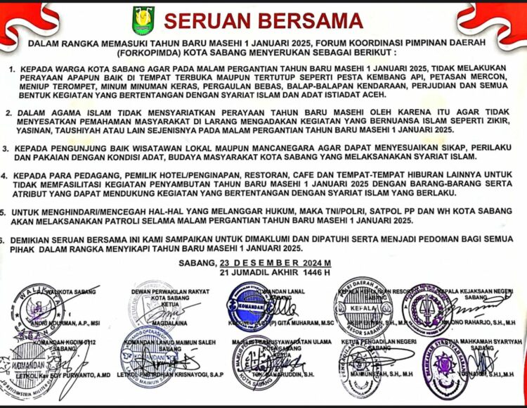 Forum Komunikasi Pimpinan Daerah (Forkopimda) Sabang mengeluarkan seruan bersama.
