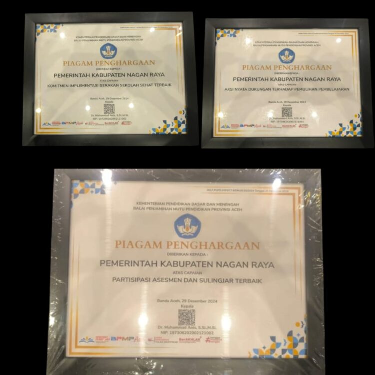 Pemerintah Kabupaten (Pemkab) Nagan Raya mendapatkan apresiasi prestasi gemilang di bidang pendidikan, pada Malam Puncak Apresiasi Pendidikan Tahun 2024 Implementasi Program Prioritas Kemendikbudristek yang diselenggarakan di Hotel Hermes Palace, Banda Aceh, Minggu (29/12/2024), Pemkab Nagan Raya menerima tiga penghargaan bergengsi.