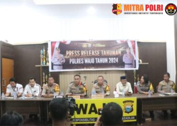 Refleksi akhir tahun dari sejumlah kasus yang ditangani sepanjang tahun 2024 digelar Kepolisian Resort (Polres) Wajo, Sulawesi Selatan melalui press realease di Ruang Wira Pratama, Mapolres Wajo, Senin (30/12/24). Penganiayaan menjadi dominan.