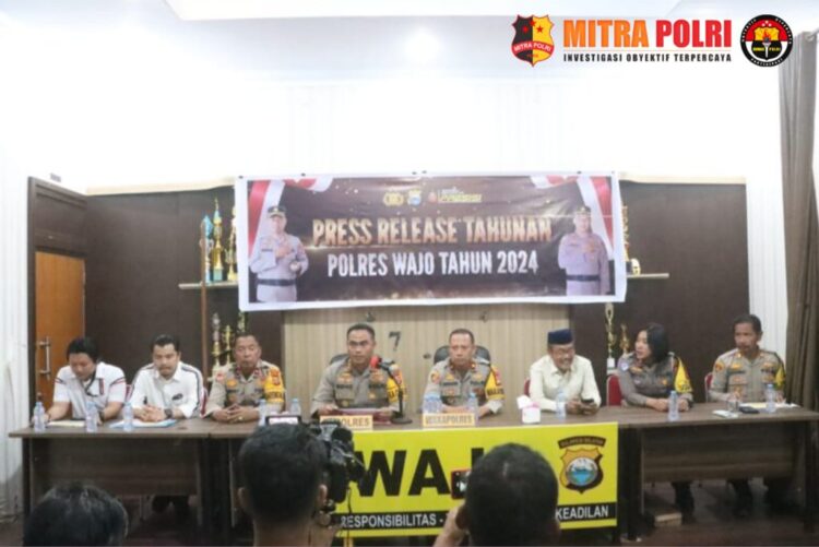 Refleksi akhir tahun dari sejumlah kasus yang ditangani sepanjang tahun 2024 digelar Kepolisian Resort (Polres) Wajo, Sulawesi Selatan melalui press realease di Ruang Wira Pratama, Mapolres Wajo, Senin (30/12/24). Penganiayaan menjadi dominan.