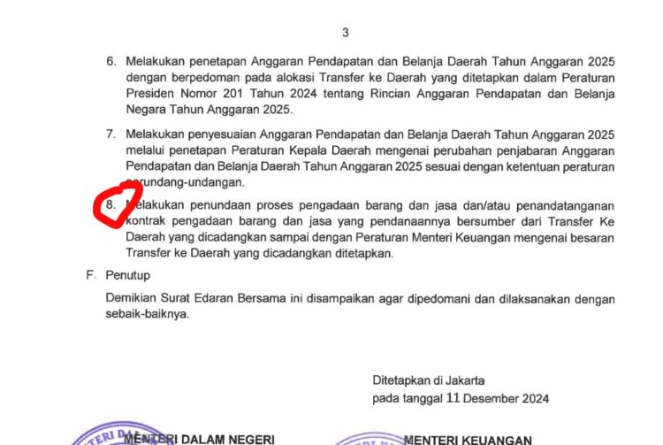 Surat Edaran Menteri Dalam Negeri Nomor SE 900.1.3/6629.A/SJ dan Menteri Keuangan Republik Indonesia Nomor SE-1/MK.07/2024 Tanggal 11 Desember 2024