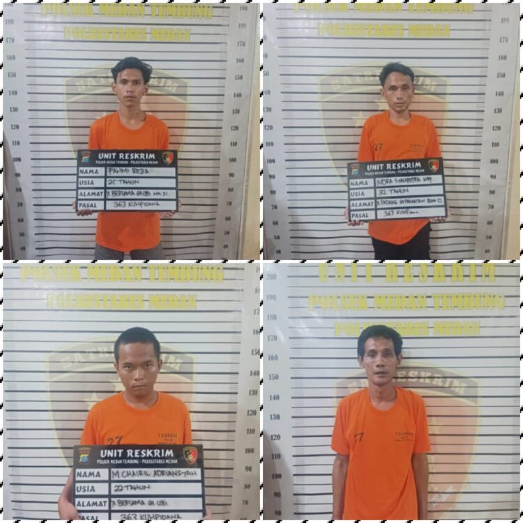 DIBEKUK: Empat pelaku perampasan handphone dibekuk Polsek Medan Tembung, Senin (20/1/2025).(Foto Dok/Polsek)
