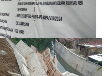 Proyek perkuatan tebing sungai senilai 2,7 miliar di Kelurahan Sigulang-gulang, Kecamatan Siantar Utara, Kota Pematang Siantar yang dikerjakan oleh CV. SAM SAM dengan nomor kontrak 602/1353/UPTD-PUPR-PS-KPA/VIII/2024 roboh. (Foto. Dok: Ricardo/Mitrapolri.com)