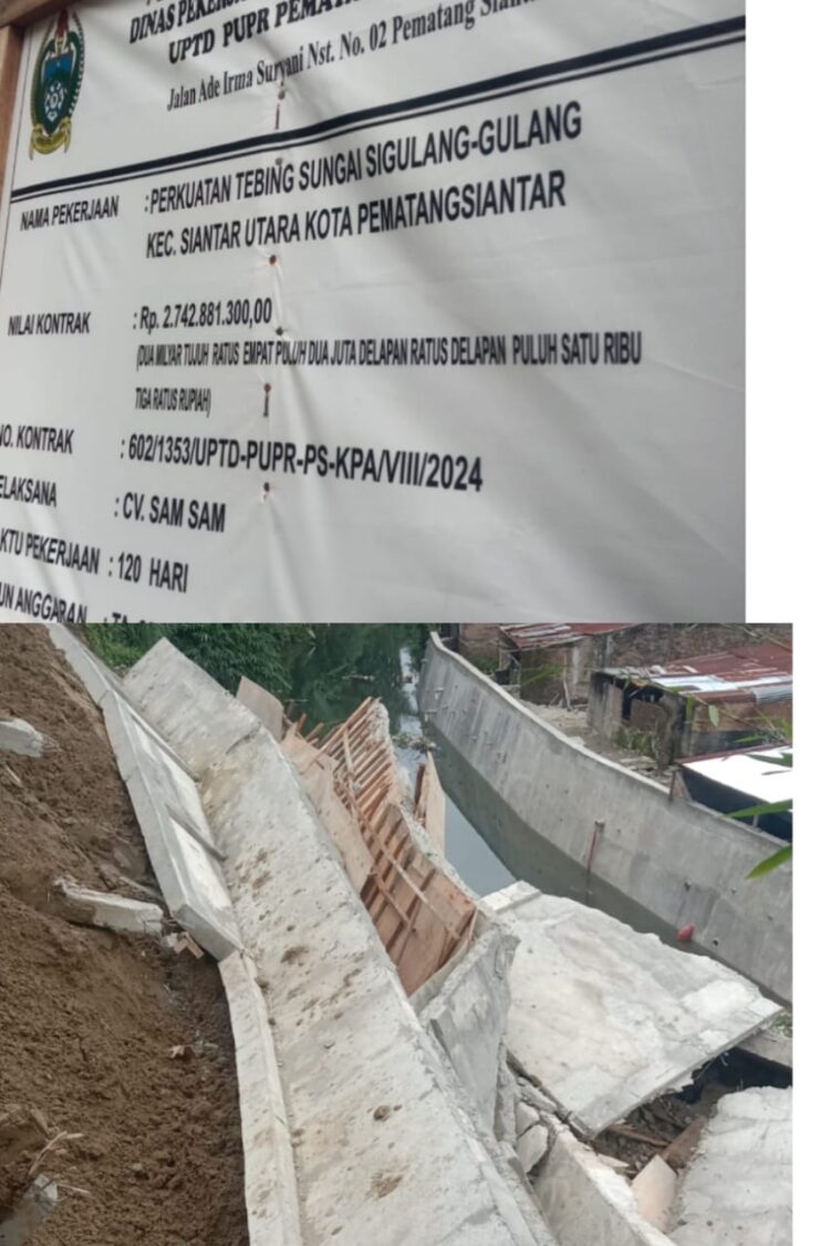 Proyek perkuatan tebing sungai senilai 2,7 miliar di Kelurahan Sigulang-gulang, Kecamatan Siantar Utara, Kota Pematang Siantar yang dikerjakan oleh CV. SAM SAM dengan nomor kontrak 602/1353/UPTD-PUPR-PS-KPA/VIII/2024 roboh. (Foto. Dok: Ricardo/Mitrapolri.com)