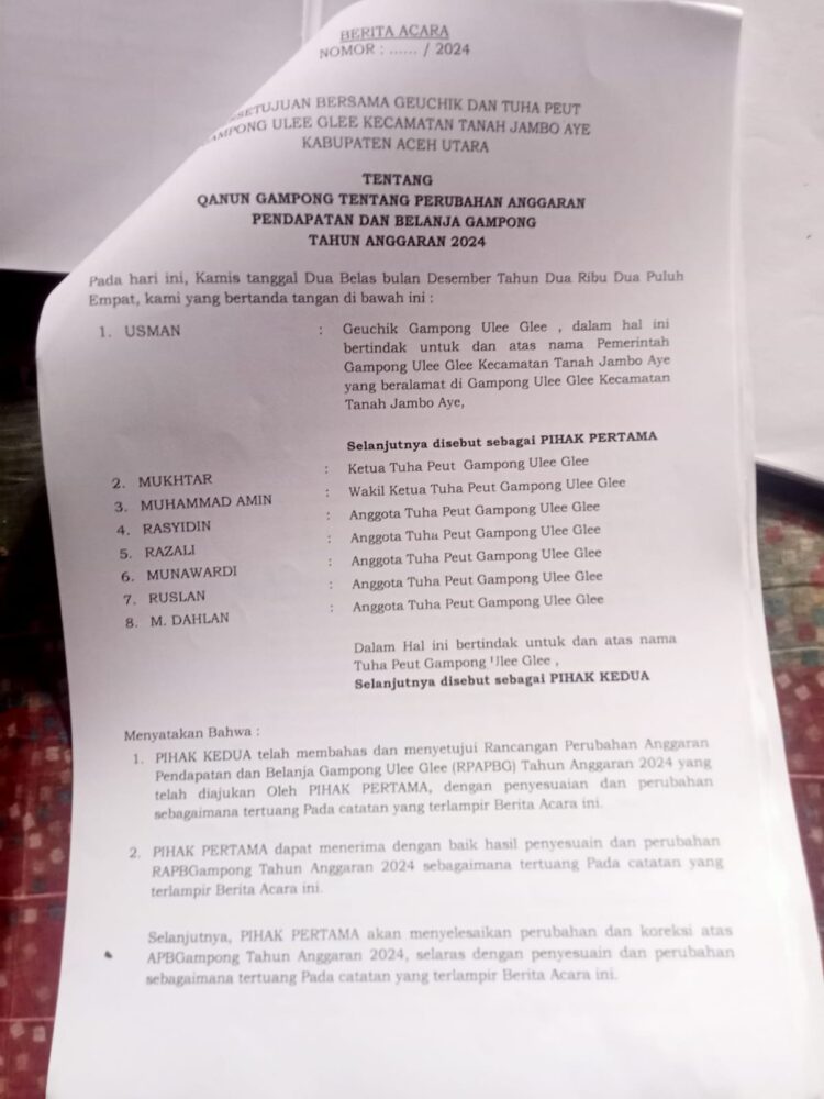 Rancangan Perubahan Anggaran Pendapatan dan Belanja Gampong (RPAPBG) anggaran Tahun 2024.