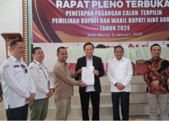Eliyunus Waruwu dan Sozisokhi Hia telah resmi ditetapkan sebagai Bupati dan Wakil Bupati Nias Barat untuk periode 2025-2030 oleh Komisi Pemilihan Umum (KPU) Nias Barat. Penetapan ini di umumkan pada rapat pleno terbuka yang dilaksanakan di Tokosa Hall pada Kamis, 9 Januari 2025.