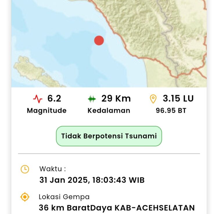 Gempa M6,2 di Aceh Selatan (Foto. Dok/BMKG)