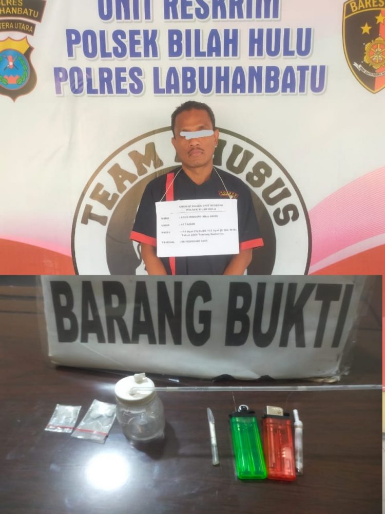 Polisi Resor Labuhanbatu berhasil mengamankan seorang pria terduga pelaku penyalahgunaan narkotika jenis sabu-sabu. Penangkapan terhadap tersangka terjadi pada Kamis, (06/02/2025) sore sekira pukul 15.00 WIB di Dusun Meranti, Desa Meranti, Kecamatan, Bilah Hulu, Kabupaten Labuhanbatu, Sumut.