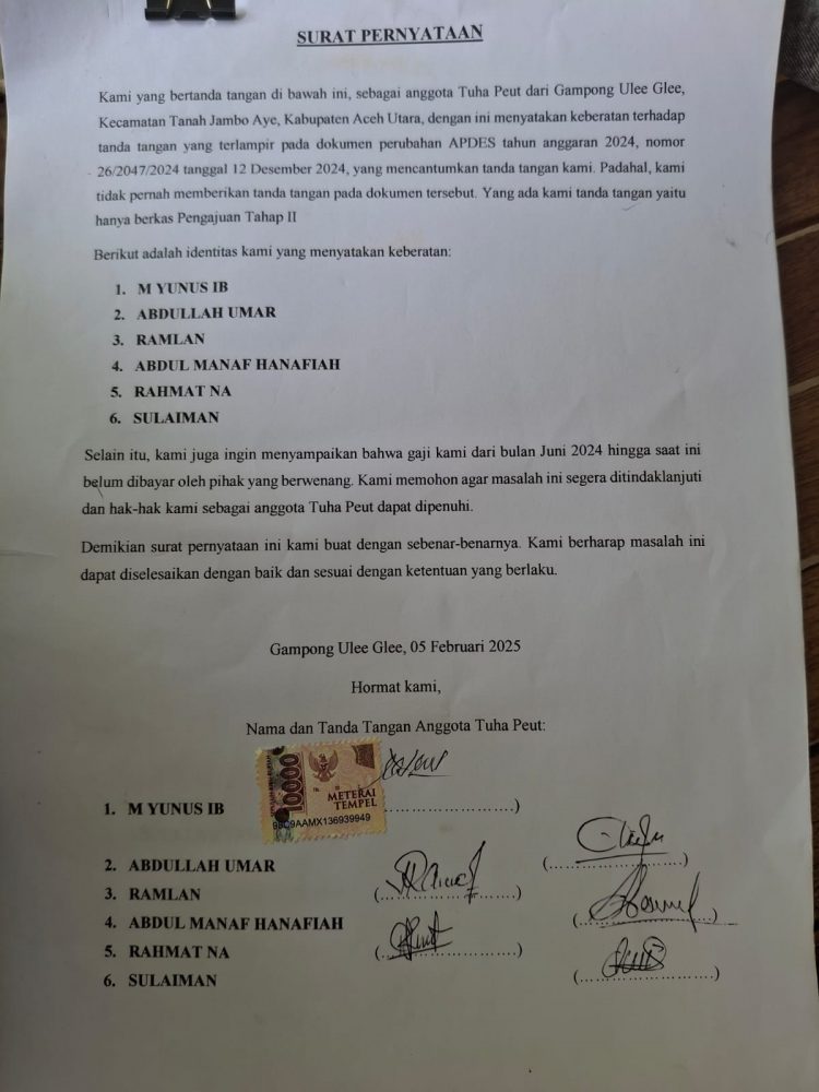 surat pernyataan bahwa mereka tidak pernah Tanda Tangan RAPBG 2024, malah gaji mereka selama 3 bulan sampai sekarang belum dibayarkan.