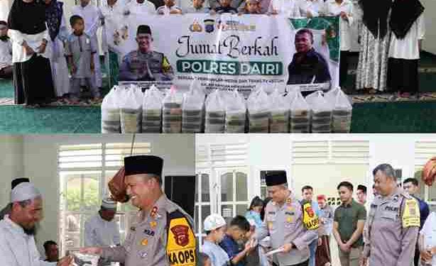 Polres Dairi menggelar kegiatan sosial bertajuk Jumat Berkah dengan menyantuni anak yatim/piatu. Kegiatan ini di Laksanakan di Masjid Husnul Khotimah Polres Dairi, Jumat (21/2/2025) usai pelaksanaan Sholat Jumat.