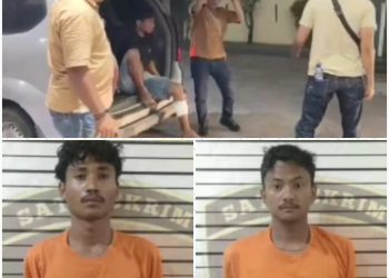 DITANGKAP: Ketiga pelaku pencurian HP di pintu tol Bandar Selamat diamankan di Polsek Medan Tembung, satu pelaku terpaksa ditembak petugas, Minggu (23/2/2025).(Foto Dok/Polsek Medan Tembung)