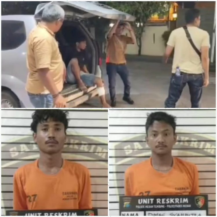 DITANGKAP: Ketiga pelaku pencurian HP di pintu tol Bandar Selamat diamankan di Polsek Medan Tembung, satu pelaku terpaksa ditembak petugas, Minggu (23/2/2025).(Foto Dok/Polsek Medan Tembung)