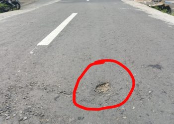 Sejumlah titik pada badan jalan terlihat retak, indikasi bahwa ketebalan aspal tidak mencapai standar minimal.