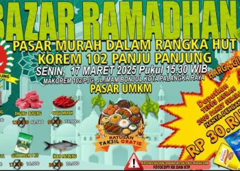Korem 102/Panju Panjung (Pjg) menggelar Bazar Ramadhan dan Pasar Murah yang terbuka bagi masyarakat umum. Kegiatan ini akan berlangsung di halaman Makorem 102/Pjg, Jalan Imam Bonjol, Kota Palangka Raya, Senin (17/3/2025) pukul 15.30 WIB.