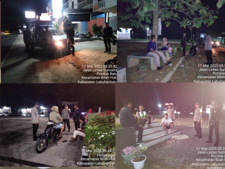 Personil Polsek Bilah Hulu yang dipimpin oleh Perwira Pengawas (Pawas) Aiptu Djamaluddin bersama anggota melaksanakan Patroli Asmara Subuh sekaligus pengamanan pasca sahur di wilayah hukum Polsek Bilah Hulu, Senin (17/03/2025).