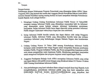 Transparansi Tender Indonesia (TTI) mengirim surat permohonan informasi publik secara resmi kepada Badan Perencanaan Pembangunan Daerah (BAPPEDA) Aceh terkait Program kegiatan yang diusulkan melalui Pokok Pikiran Anggota Dewan Perwakilan Rakyat Aceh.