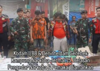 Tim gabungan Kodam I/BB dan Deninteldam I/BB menggerebek Kampung Narkoba di Jalan Jermal 15, Gang Dojo-Gang Kasih, Medan Denai