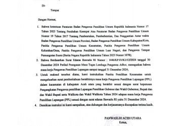 Surat Instruksi Nomor 176/P/P.AU/II/2025, yang merujuk pada ketentuan Peraturan Badan Pengawas Pemilihan Umum (Bawaslu) Republik Indonesia Nomor 17 Tahun 2023 tentang Perubahan Keempat atas Peraturan Bawaslu Nomor 19 Tahun 2017 mengenai pembentukan, pemberhentian, dan penggantian antar waktu badan pengawas pemilihan umum di berbagai tingkat.