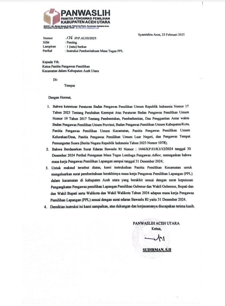 Surat Instruksi Nomor 176/P/P.AU/II/2025, yang merujuk pada ketentuan Peraturan Badan Pengawas Pemilihan Umum (Bawaslu) Republik Indonesia Nomor 17 Tahun 2023 tentang Perubahan Keempat atas Peraturan Bawaslu Nomor 19 Tahun 2017 mengenai pembentukan, pemberhentian, dan penggantian antar waktu badan pengawas pemilihan umum di berbagai tingkat.