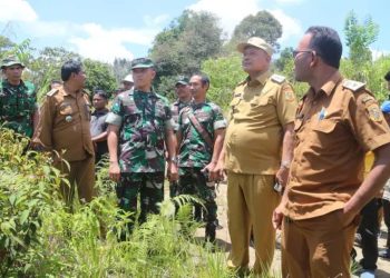 Bupati Dairi, Vickner Sinaga, bersama Dandim 0206/Dairi, Letkol Inf Goklas Pirtahan Silaban, meninjau lokasi rencana sasaran TNI Manunggal Membangun Desa (TMMD) ke-124 tahun 2025 di Lingkungan 2 Kelurahan Bintang Hulu, Kecamatan Sidikalang, Kabupaten Dairi.