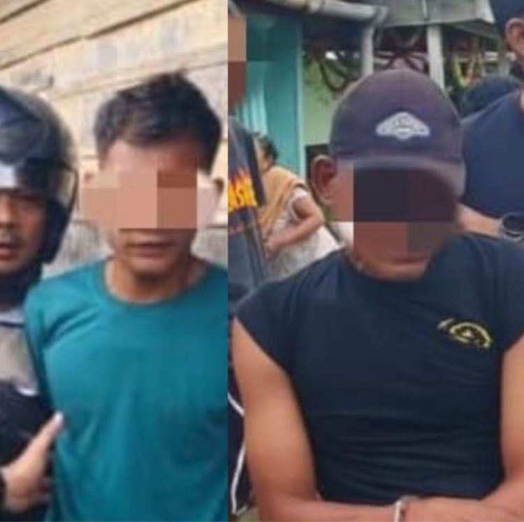 DIBAWA: Dua pria tersangka pengedar sabu, dIbawa ke Mapolres Pelabuhan Belawan, Minggu (2/3/2015), setelah ditangkap dari Komplek UKA, Kelurahan Terjun, Medan Marelan.(Foto Dok/Polres Belawan).