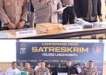 Kapolres Labuhanbatu AKBP Choky Sentosa Meliala, S.I.K., S.H., M.H. memimpin langsung kegiatan konferensi pers yang dihadiri oleh para pejabat utama Polres, perwira, serta insan pers.