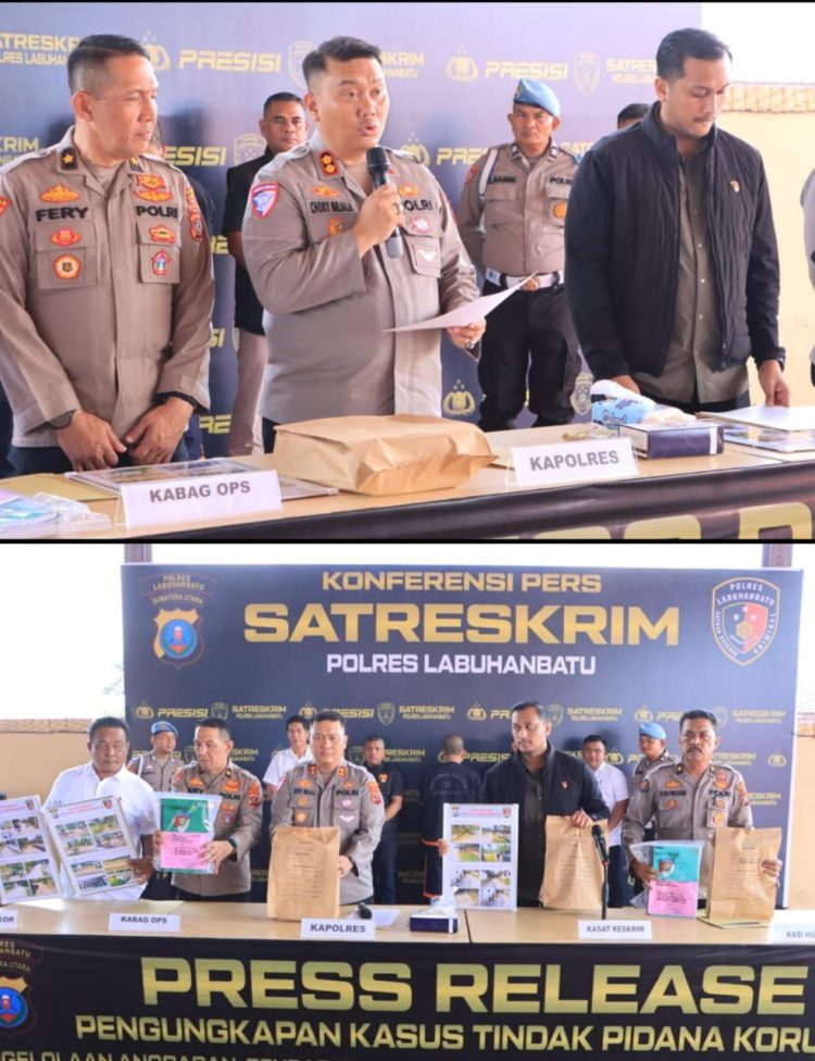 Kapolres Labuhanbatu AKBP Choky Sentosa Meliala, S.I.K., S.H., M.H. memimpin langsung kegiatan konferensi pers yang dihadiri oleh para pejabat utama Polres, perwira, serta insan pers.