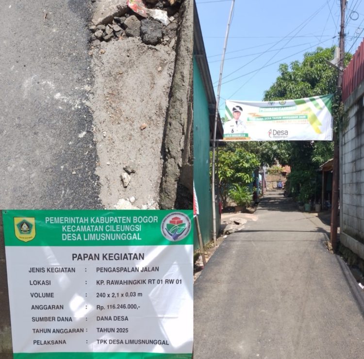 Proyek Pengaspalan Jalan di Desa Limusnunggal yang bernilai Rp.116.246.000 (Seratus enam belas juta dua ratus empat puluh enam rupiah) yang berlokasi di Kp. Rawahingkik Rt 01 Rw 01 Kecamatan Cileungsi Kabupaten Bogor