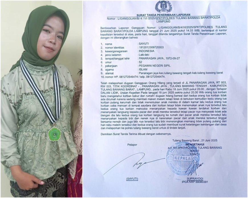 Gadis di Tulangbawang Barat Diduga Dibawa Kabur Pria, Keluarga Lapor Polisi