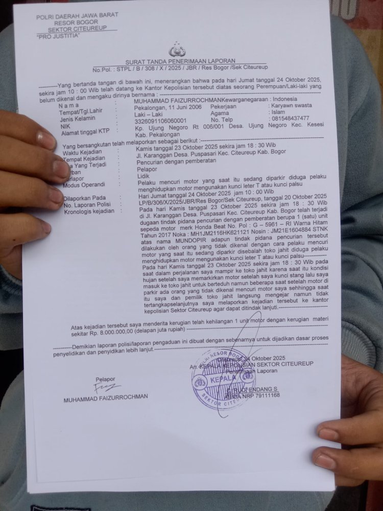 Honda Beat Warga Raib di Samping Ruko Jahit, Pelaku Kabur Saat Ditegur Saksi