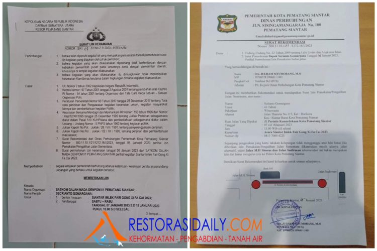 Terkait Imlek Fair 2023 Pematang Siantar. Polres Terbitkan Izin Keramaian untuk Satkom Gajah Mada, Dinas Perhubungan Berikan Rekomendasi untuk Scrianto Gomargana