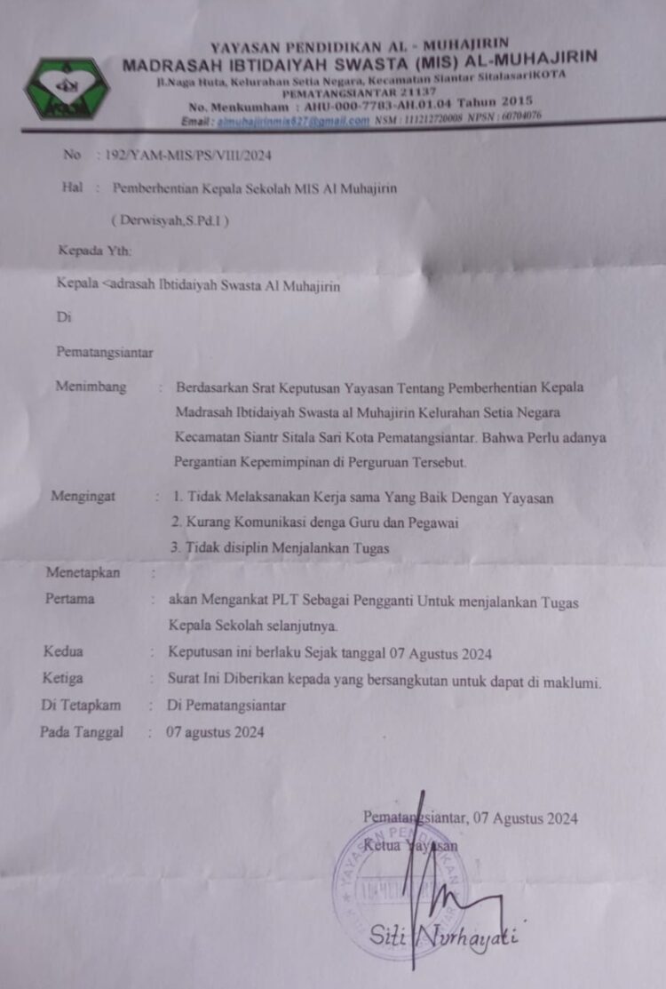 Ketua Yayasan MIS Al Muhajirin Arogan, Pecat Derwisyah SPdI dari Jabatan Kepala Madrasah