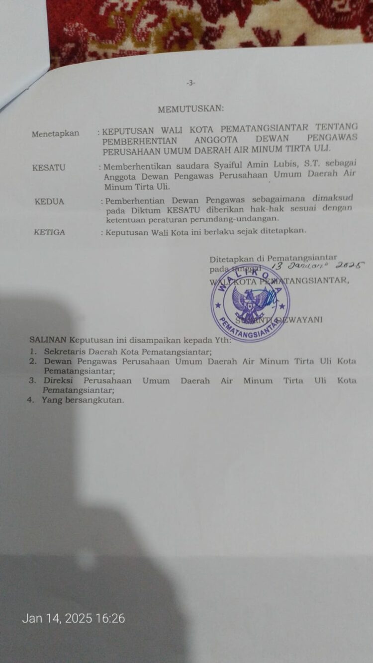 Telaahan Staf Kabag Perekonomian Dijadikan Dasar Pemberhentian Syaiful Amin Lubis dari Jabatan Dewan Pengawas Perumda Tirta Uli