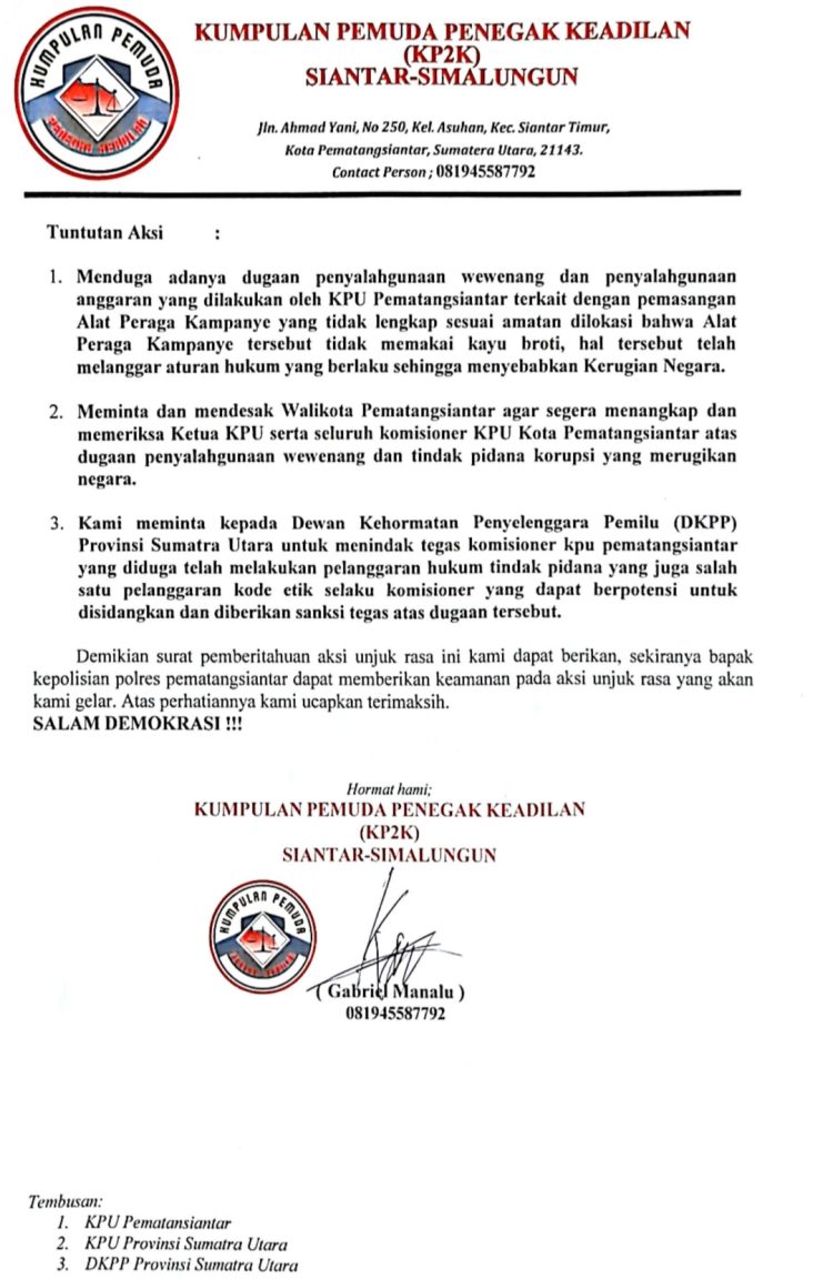 Rencana Unjuk Rasa Dugaan Korupsi, KP2K Siantar – Simalungun Minta Wali Kota Menangkap Komisioner KPU Pematangsianțar