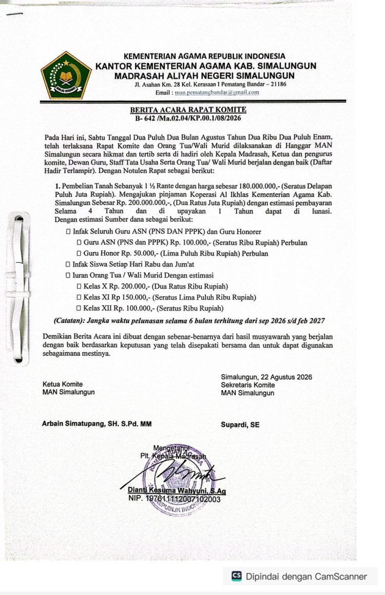Pungli Berkedok Infak, Plt Kepala MAN Simalungun Paksa Guru dan Siswa Beli Lahan Tanpa Persetujuan Pengurus Komite