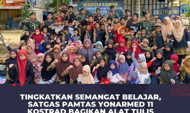Tingkatkan Semangat Belajar, Satgas Pamtas Yonarmed 11 Kostrad Bagikan Alat Tulis