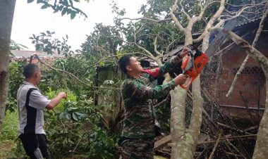 Babinsa Koramil 2208/Nyalindung Laksanakan Karya Bakti Pemotongan Pohon Tumbang di Kp. Rancaoray
