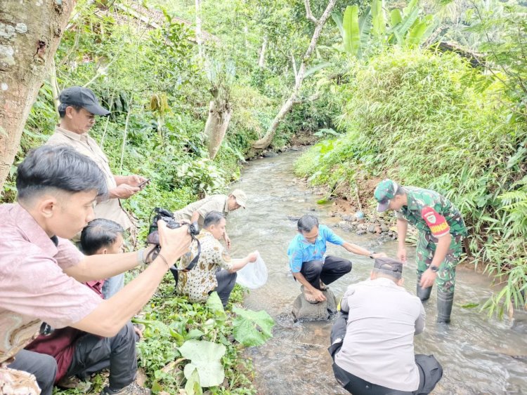 Babinsa Koramil 2208/Nyalindung Tebar Bibit Ikan di Sungai Citalahab