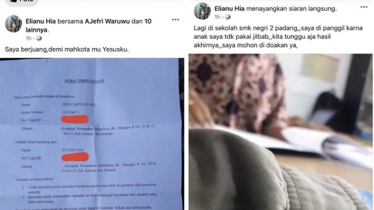 Seorang siswi nonmuslim di Padang diduga dipaksa mengenakan hijab atau jilbab (Istimewa)