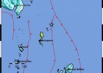 Lokasi gempa tektonik bermagnitudo 7,1 di wilayah Talaud Provinsi Sulawesi Utara pada Kamis (21/1/2021) Pukul 19.23 WIB / [Foto BMKG]