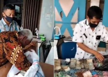 Kakek tunarungu kumpulkan uang di dalam karung total mencapai hampir Rp 100 juta. (Instagram/manaberita)
