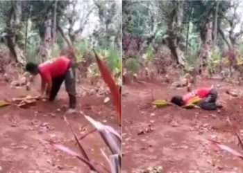 Seorang pria menggali kuburan sang istri. (Instagram/fakta_indo)
