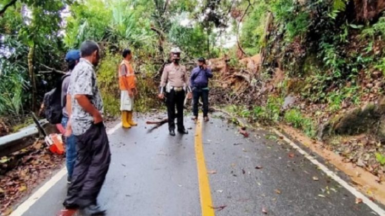 Material longsor menutupi badan Jalinsum km 8 Batu Lobang, Desa Dolok, Kecamatan Sitahuis, Kecamatan Tapanuli Tengah (Tapteng), Senin (29/3/2021) pagi. (Foto: Antara)