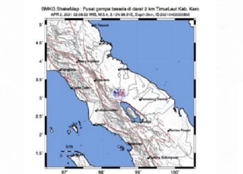 Gempa magnitudo 3,4 mengguncang Karo, Sumatera Utara, Jumat (2/4/2021). Kedalaman gempa hanya 3 kilometer.