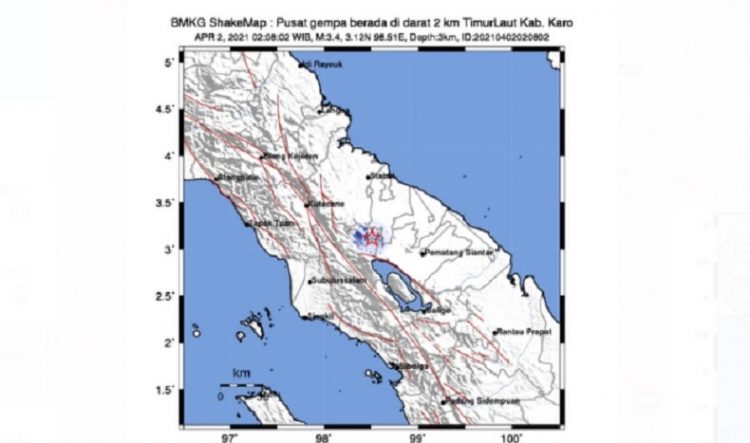Gempa magnitudo 3,4 mengguncang Karo, Sumatera Utara, Jumat (2/4/2021). Kedalaman gempa hanya 3 kilometer.