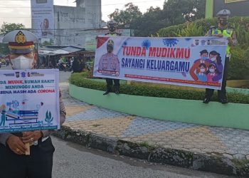 Unit Sat Lantas Polres Tanjungbalai saat gelar kampanye, himbauan masyarakat agar tidak mudik lebaran 1442-H/2021-M di masa pandemi Covid-19.