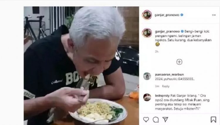 Gubernur Jateng Ganjar Pranowo makan mi seperti mengingatkan waktu indekos. (Foto IG Ganjar).