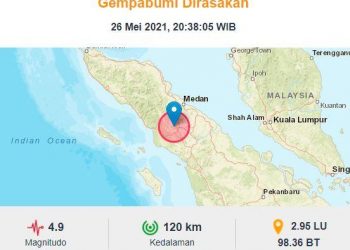 Gempa terkni dengan Magnitudo 4,9 terjadi di barat daya Kabupaten Karo, Sumut, Rabu (26/5/2021) malam. (Foto: BMKG)